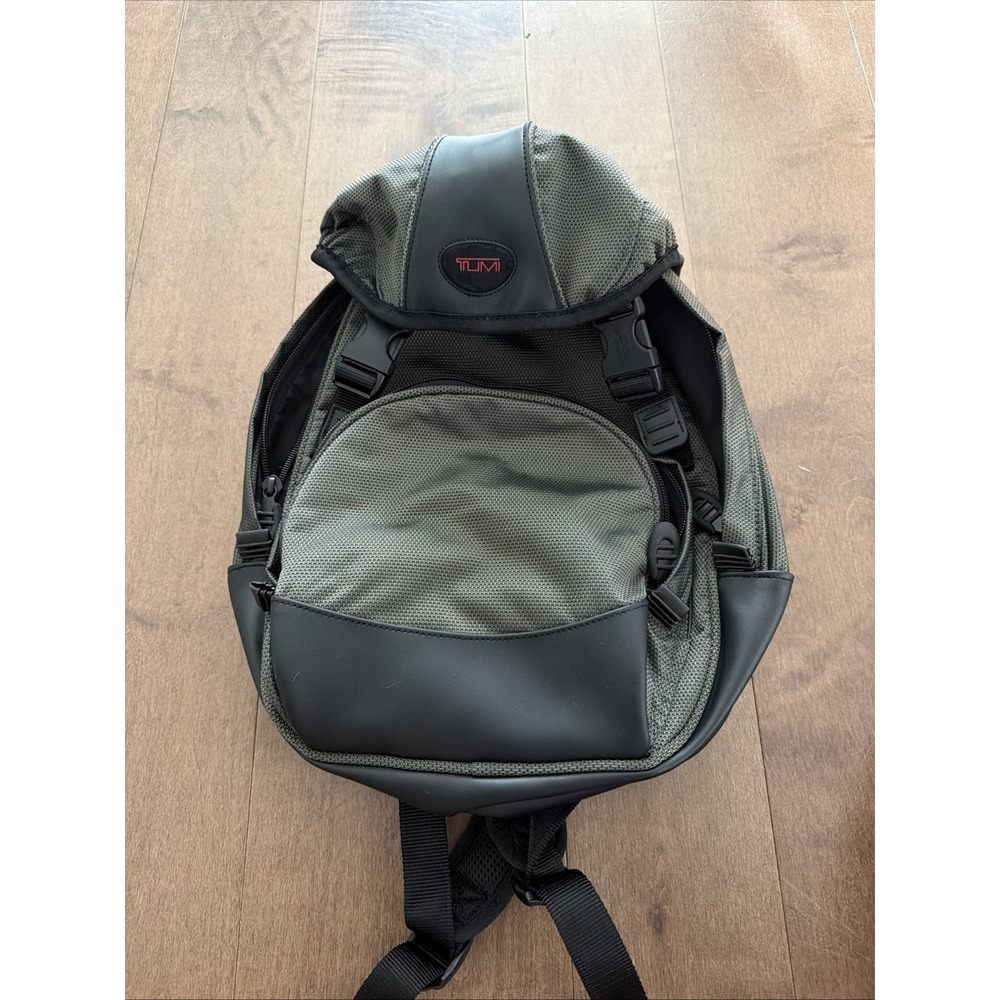 TUMI T2 Ballistic Nylon Green Black Leather Trim Daypack Backpack